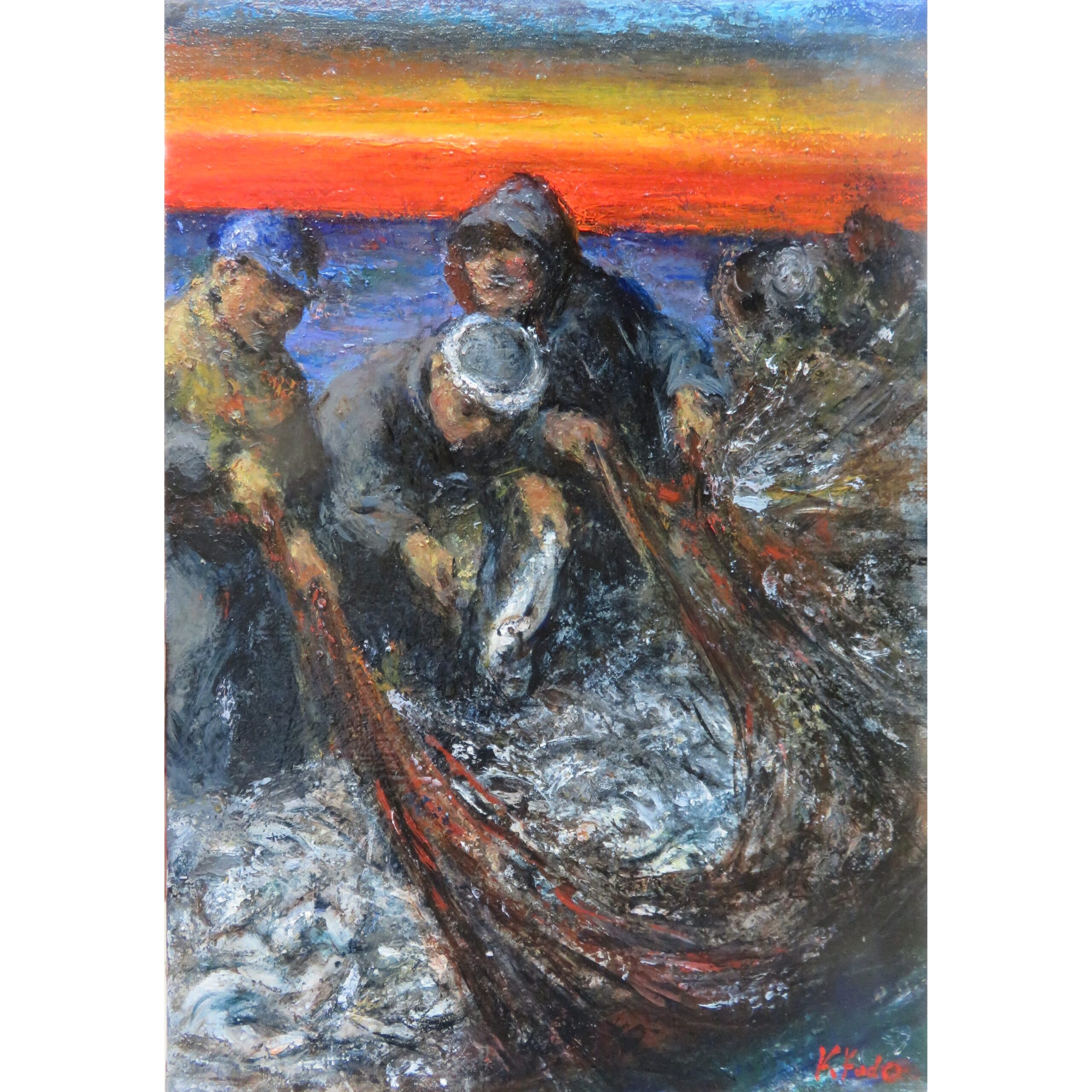 日展評議員　工藤和男　「漁師と漁婦」　油彩　6号 漁港のたくましい人々 漁と漁師 | Web日動画廊