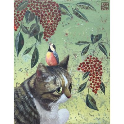猫と南天小禽図