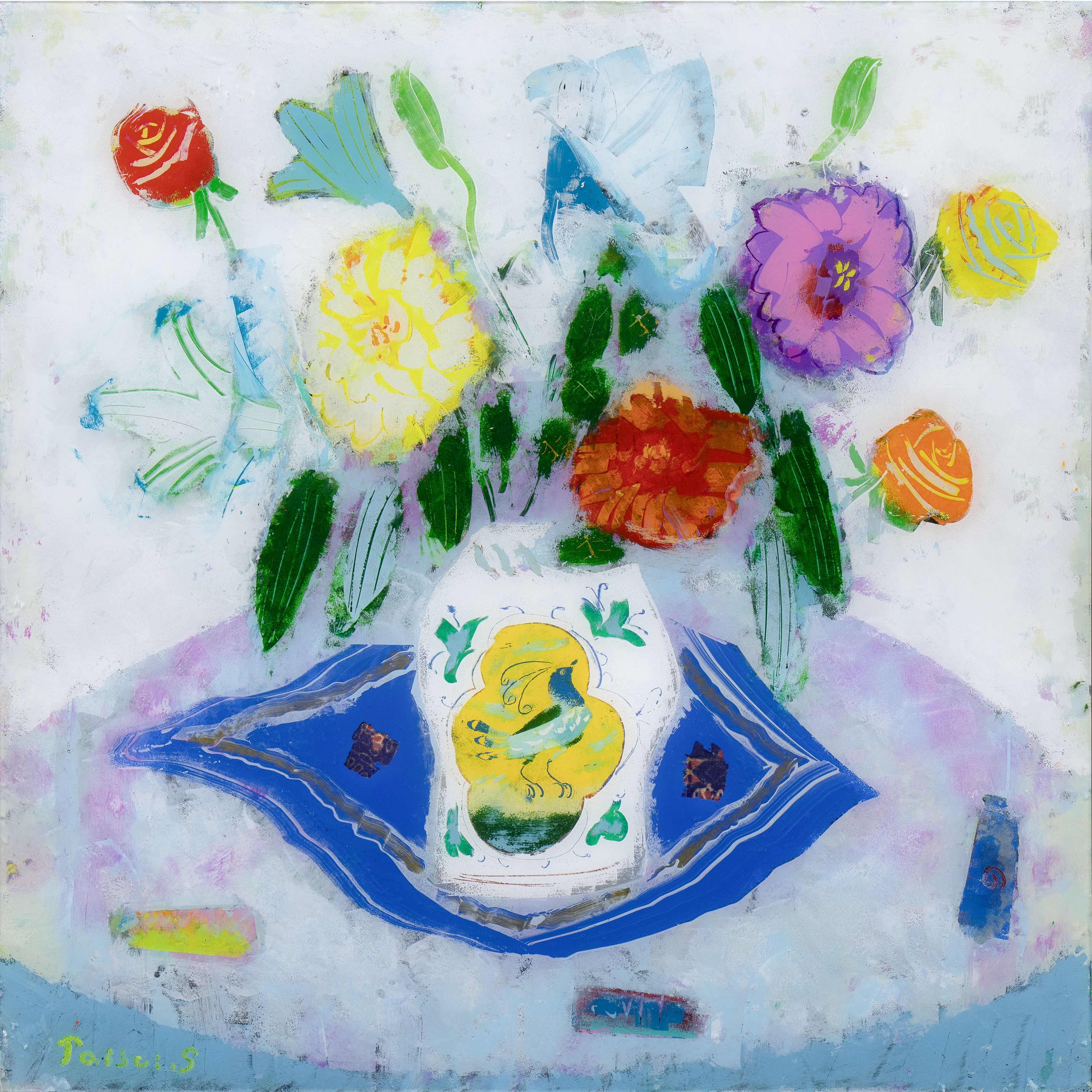 Y338 佐藤泰生 油彩画 「ダリアと百合と薔薇」 ガラス絵 日動画廊取扱　J 佐藤泰生展－光のおもてとうら 花と富士とヴェニス－ | Web日動画廊