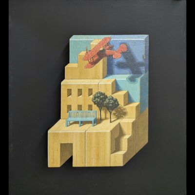 青いベンチと複葉機