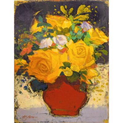 赤い壷に黄色い薔薇