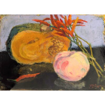 半べら南瓜と桃の果実そして唐辛子